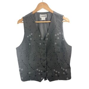 Joan Leslie Vintage Floral Embroidered Vest Gray Button Front Cinch Back Sz L
